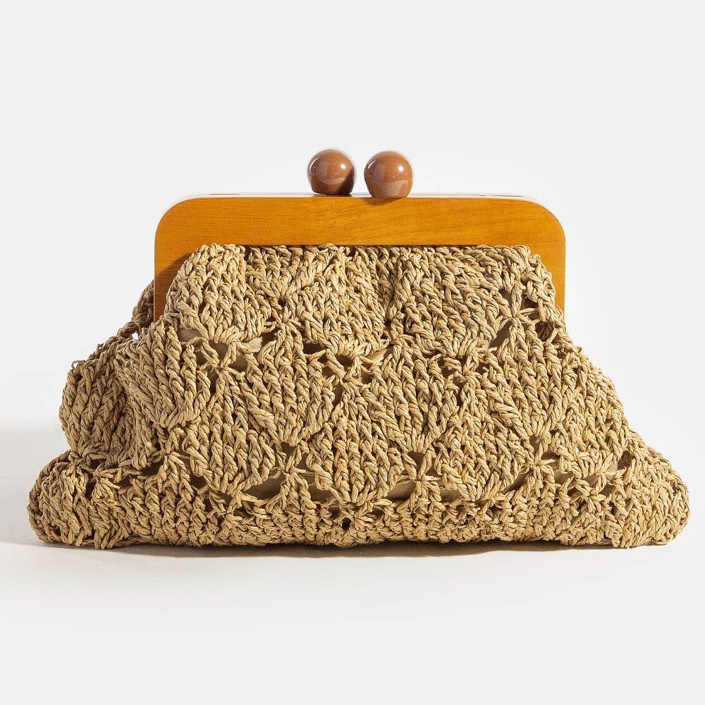 Straw Braided Wooden Frame Clutch Bag