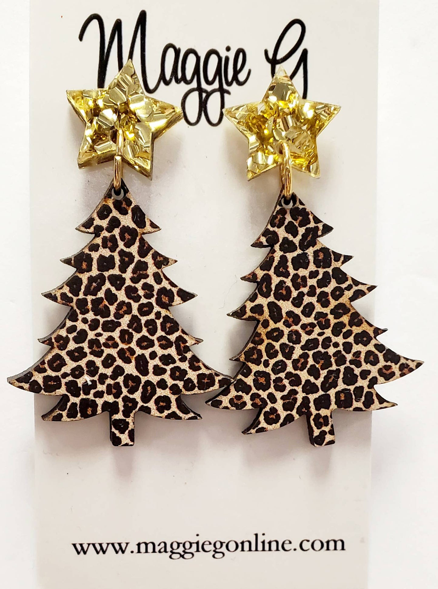 Christmas Tree Leopard Print Acrylic Earrings – Handmade Holiday Statement Earrings