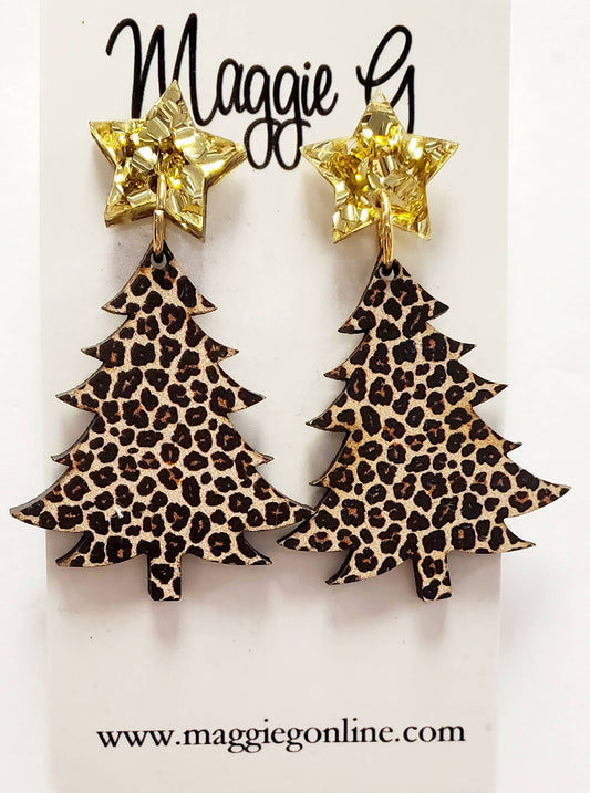 Christmas Tree Leopard Print Acrylic Earrings – Handmade Holiday Statement Earrings