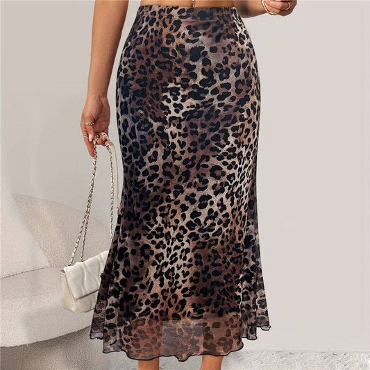 Leopard Print Fish Tail Skirt With Elastic Mesh Insets