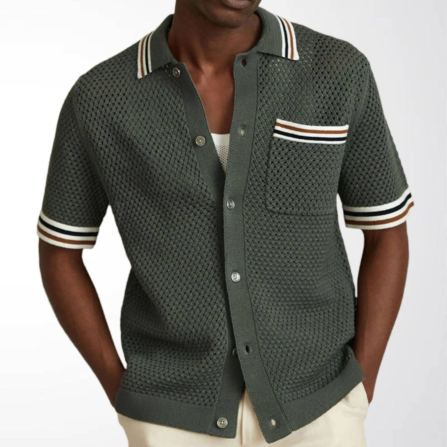 Men's Knitted Cardigan Summer Stripe Polo Shirt