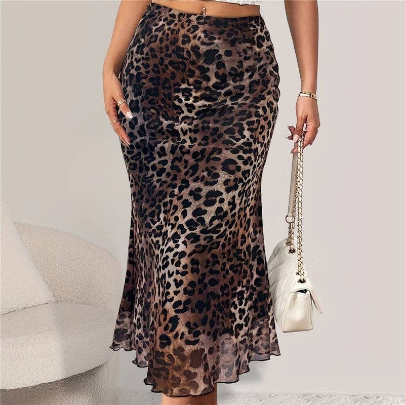 Leopard Print Fish Tail Skirt With Elastic Mesh Insets