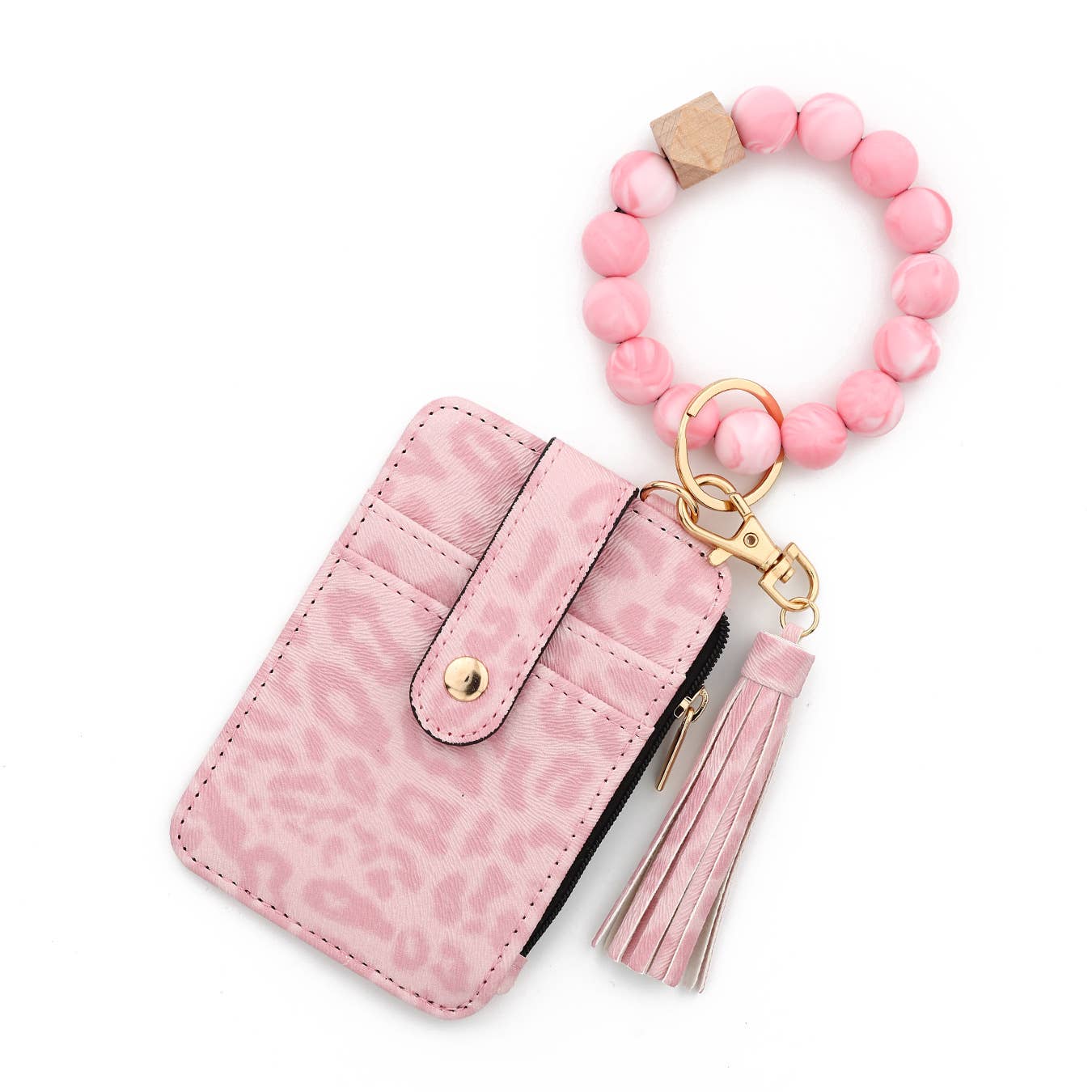Leopard Print Card Holder with Beaded Wristlet Keychain