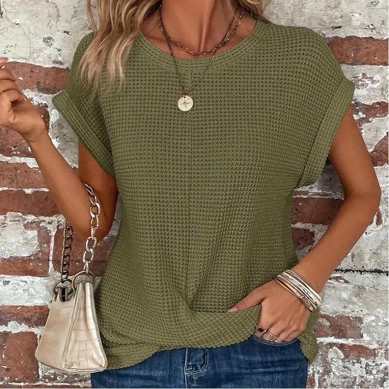 Solid Color Round Neck Twist Short Sleeve T-Shirt: BLACK / L