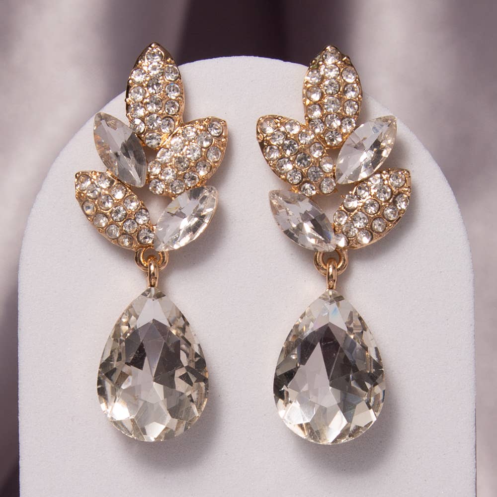 2-Tier Crystal Rhinestone Leaf Accent Dangle Earrings