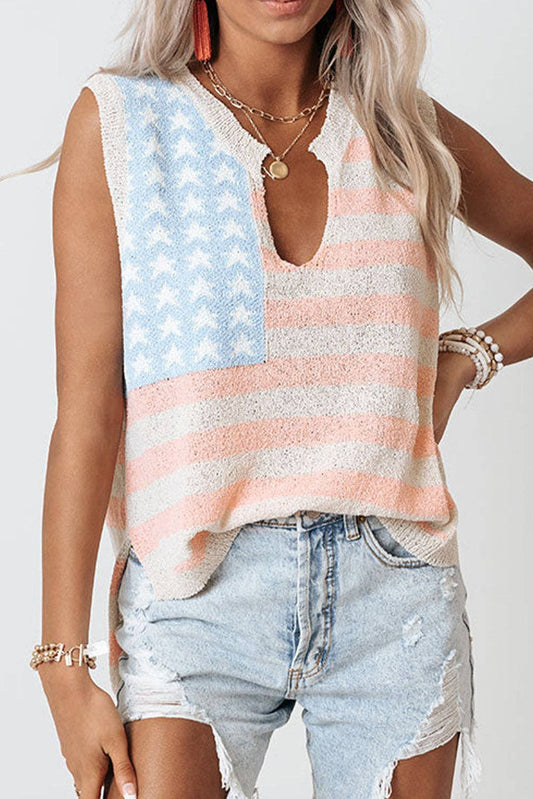 Beige USA Flag Notched Neckline Loose Sweater Vest: Beige / M