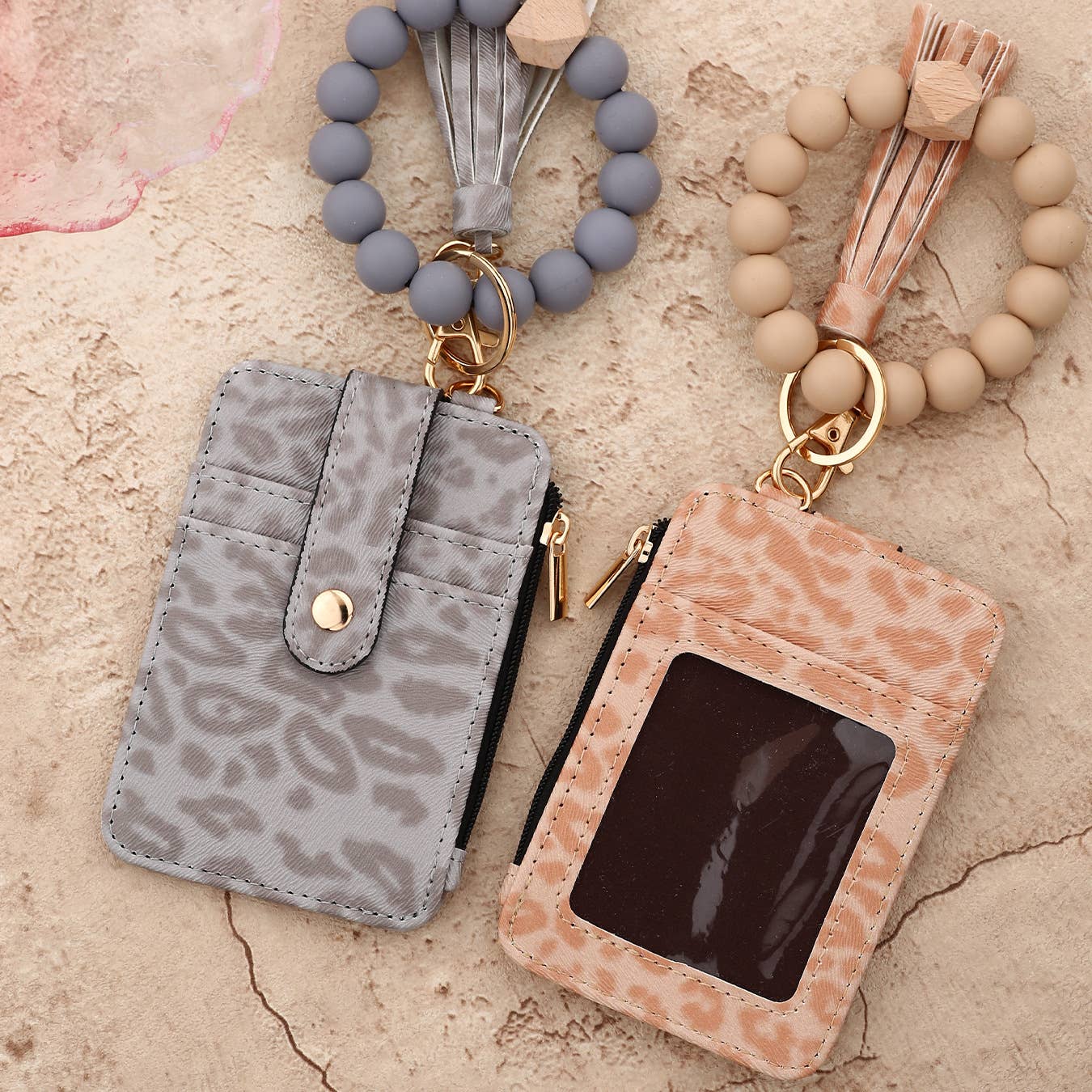 Leopard Print Card Holder with Beaded Wristlet Keychain
