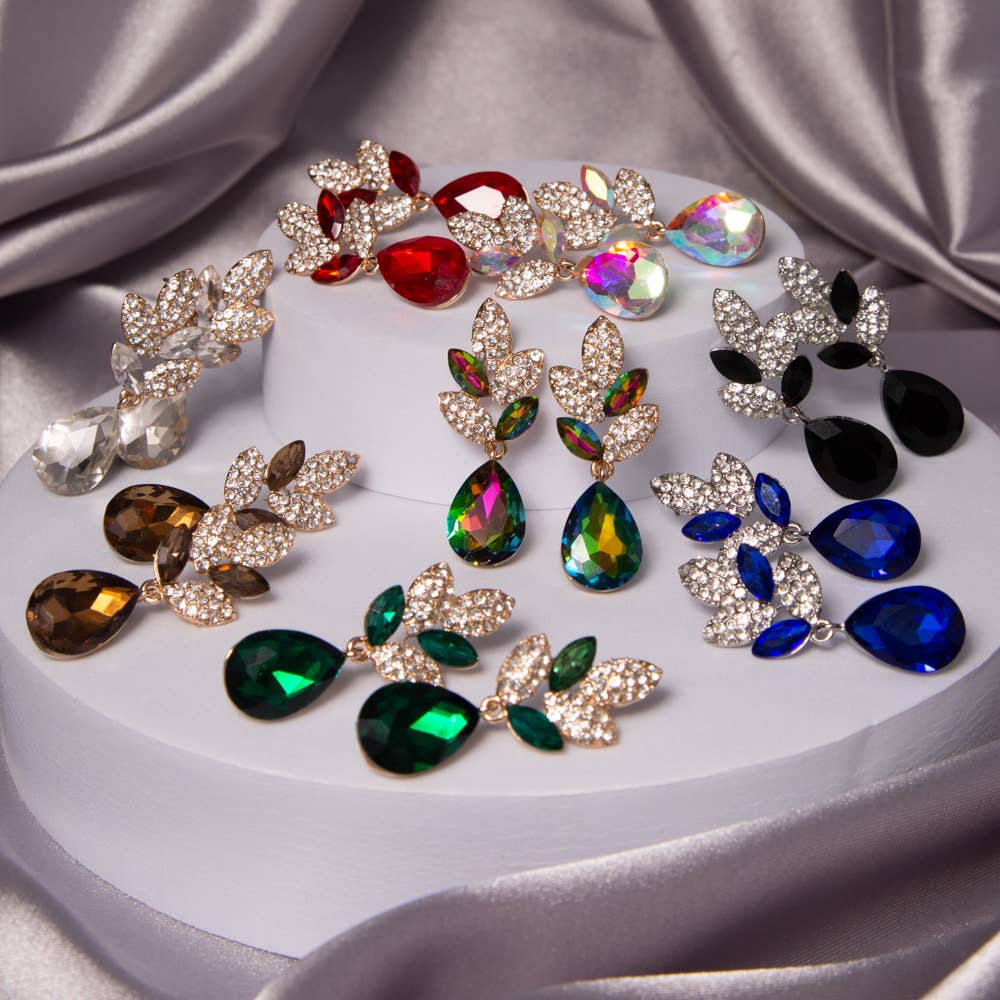 2-Tier Crystal Rhinestone Leaf Accent Dangle Earrings
