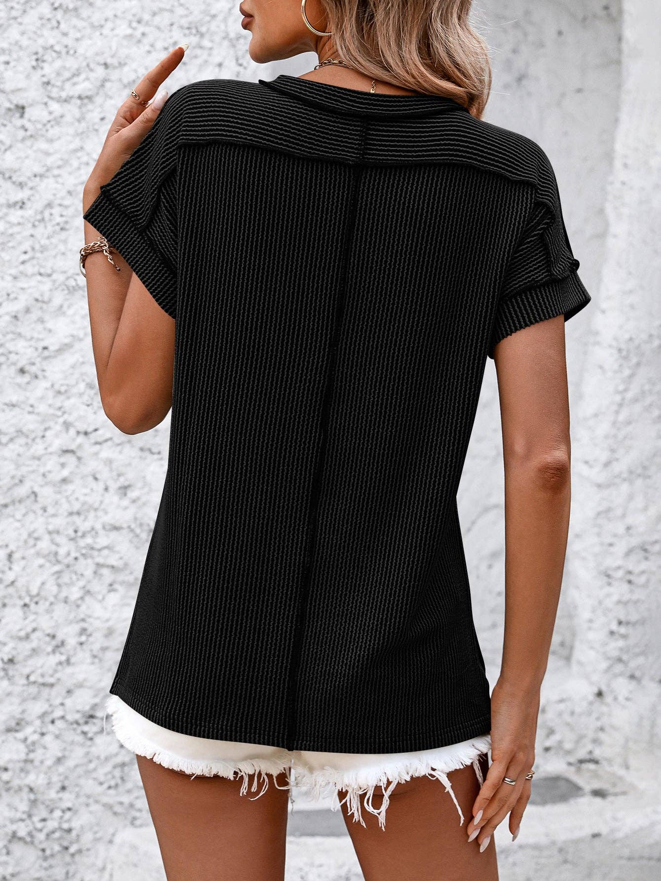 Backstitch Strip Short Sleeve Knit Casual T Shirts: Khaki / 65%Rayon/35%Polyester