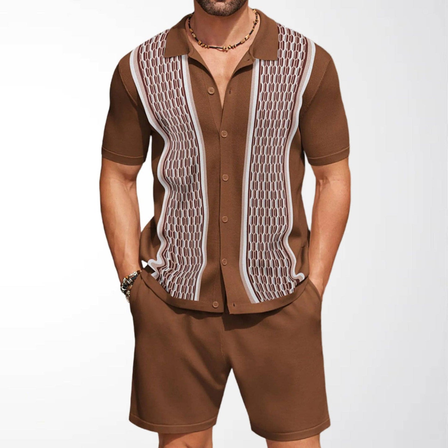 Men's Casual Knit Set Color Block Cardigan and Shorts