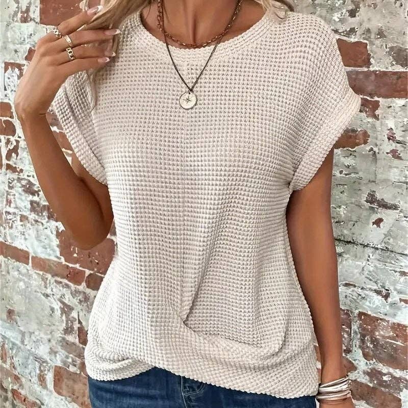 Solid Color Round Neck Twist Short Sleeve T-Shirt: BLACK / L