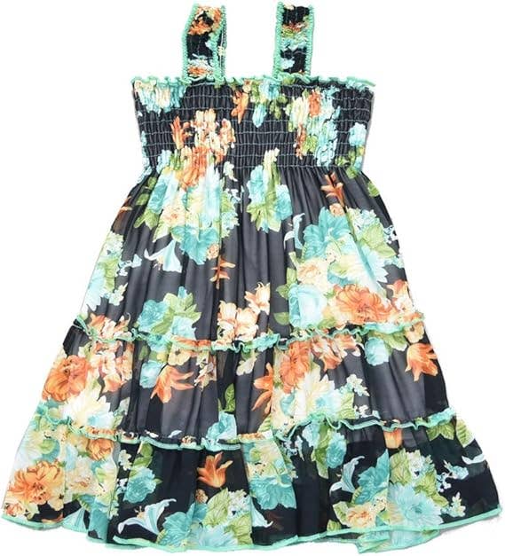 Girls Floral Print Chiffon Shoulder Strap Ruffled Midi-Dress: 3783-15-38 / 6