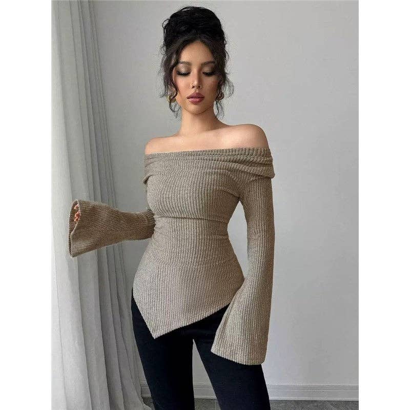Solid Color Striped Slim Fit Knit Long Sleeve Shirt: BLACK