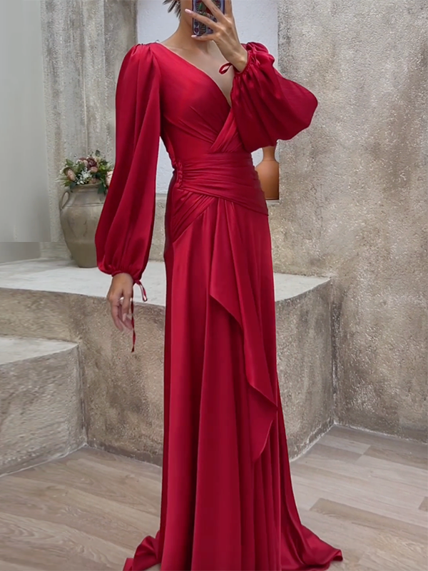Look-Thin Pleated Solid Color V-Cut Long Sleeves Maxi Dresses