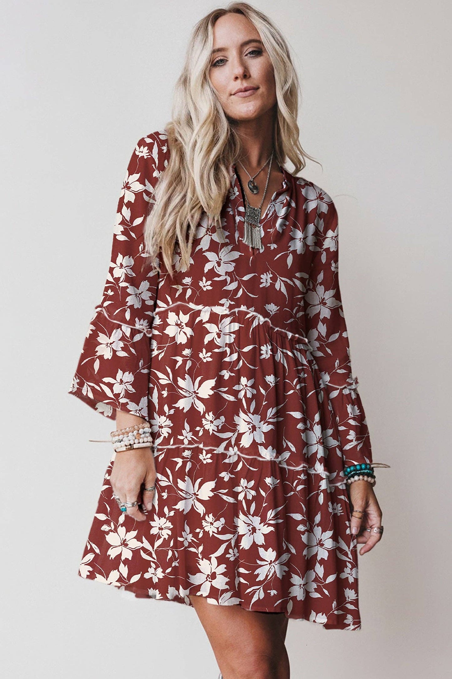 Sky Blue Boho Floral Print Lettuce Trim 3/4 Sleeve Mini Dress: Blue / 100%Viscose / 2XL