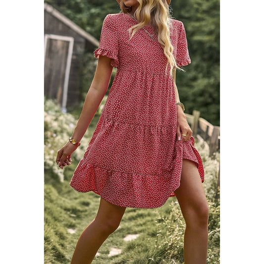 Floral Polka Dots Boat Neck Loose A Line Midi Dress