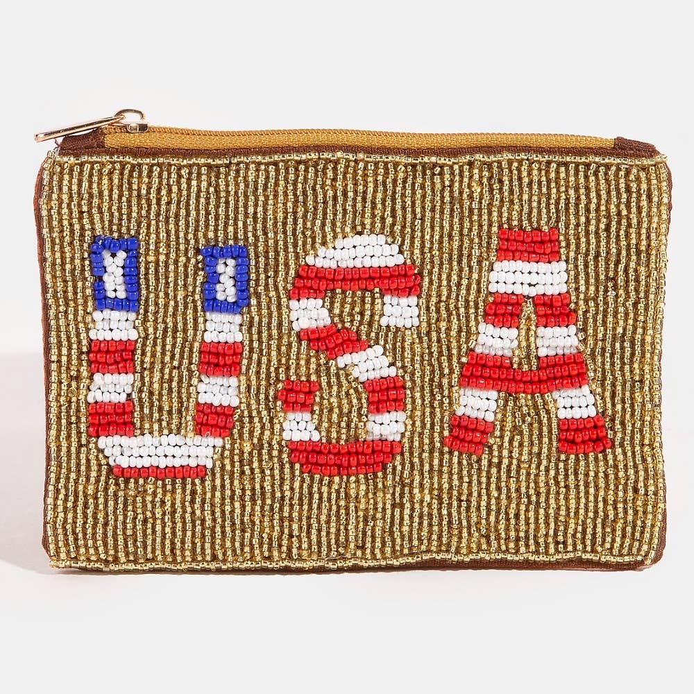 Usa Theme Golden Seed Beaded Coin Purse