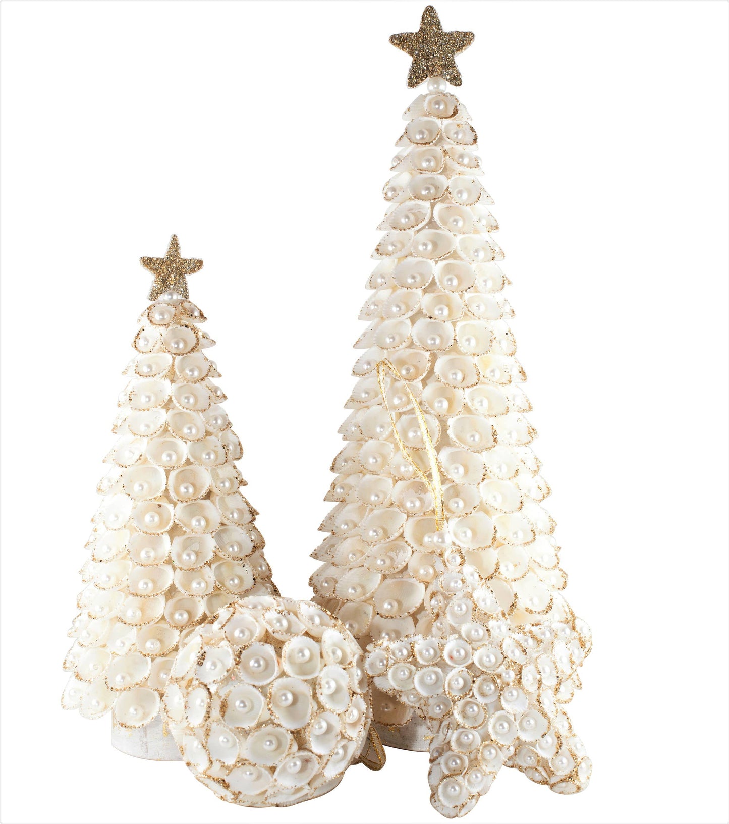 3.5" Clamrose Beaded Shell Tree Ornament (White/Gold)