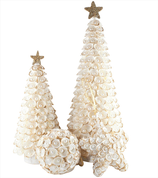 3.5" Clamrose Beaded Shell Tree Ornament (White/Gold)
