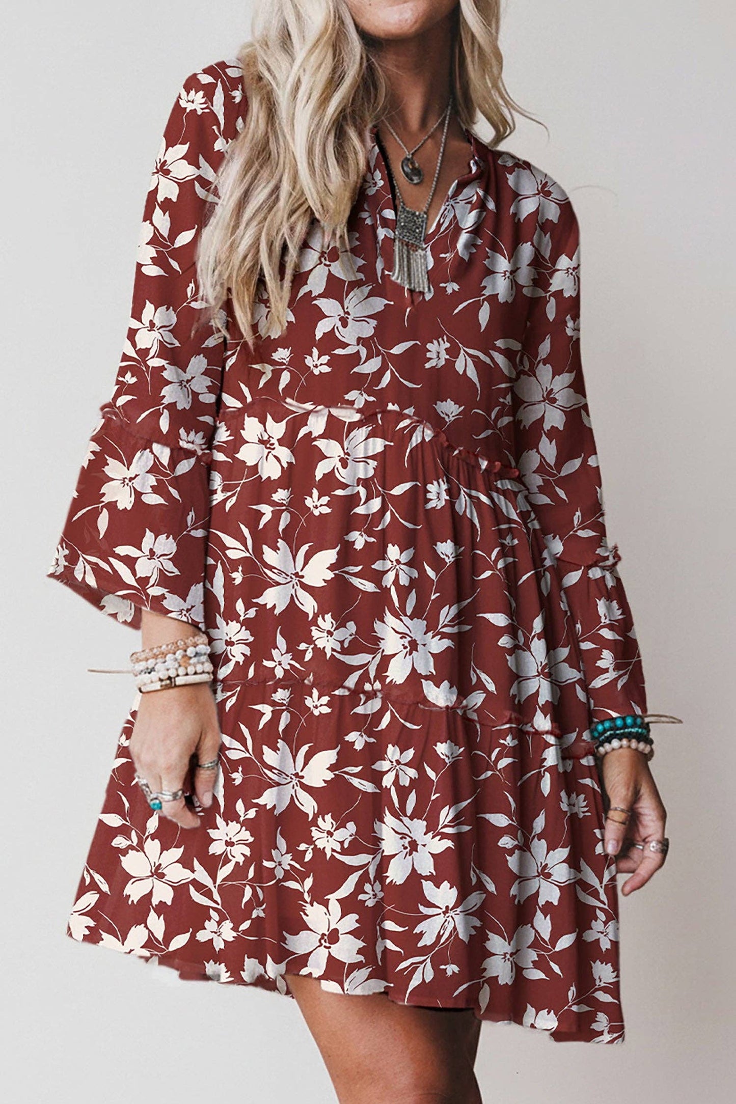 Sky Blue Boho Floral Print Lettuce Trim 3/4 Sleeve Mini Dress: Blue / 100%Viscose / 2XL
