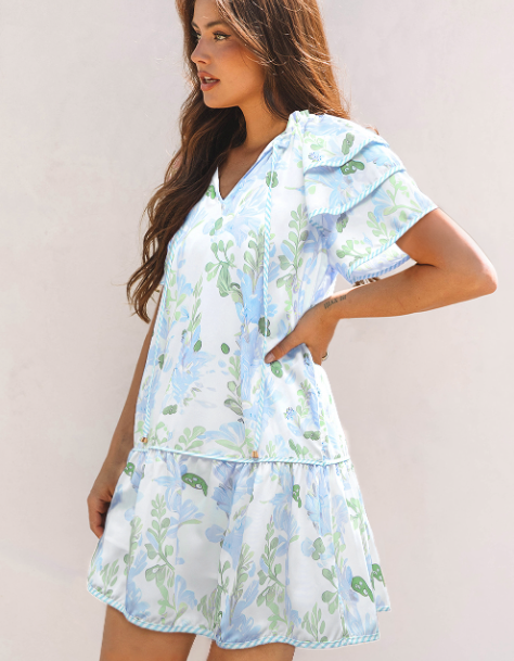 Pink Floral Contrast Edge Layered Short Sleeve Mini Dress: Pink / 100%Polyester