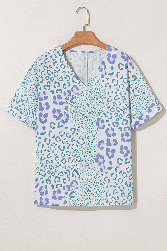 Sky Blue Mixed Leopard Print V Neck Short Sleeve Blouse: Sky Blue / 100%Polyester