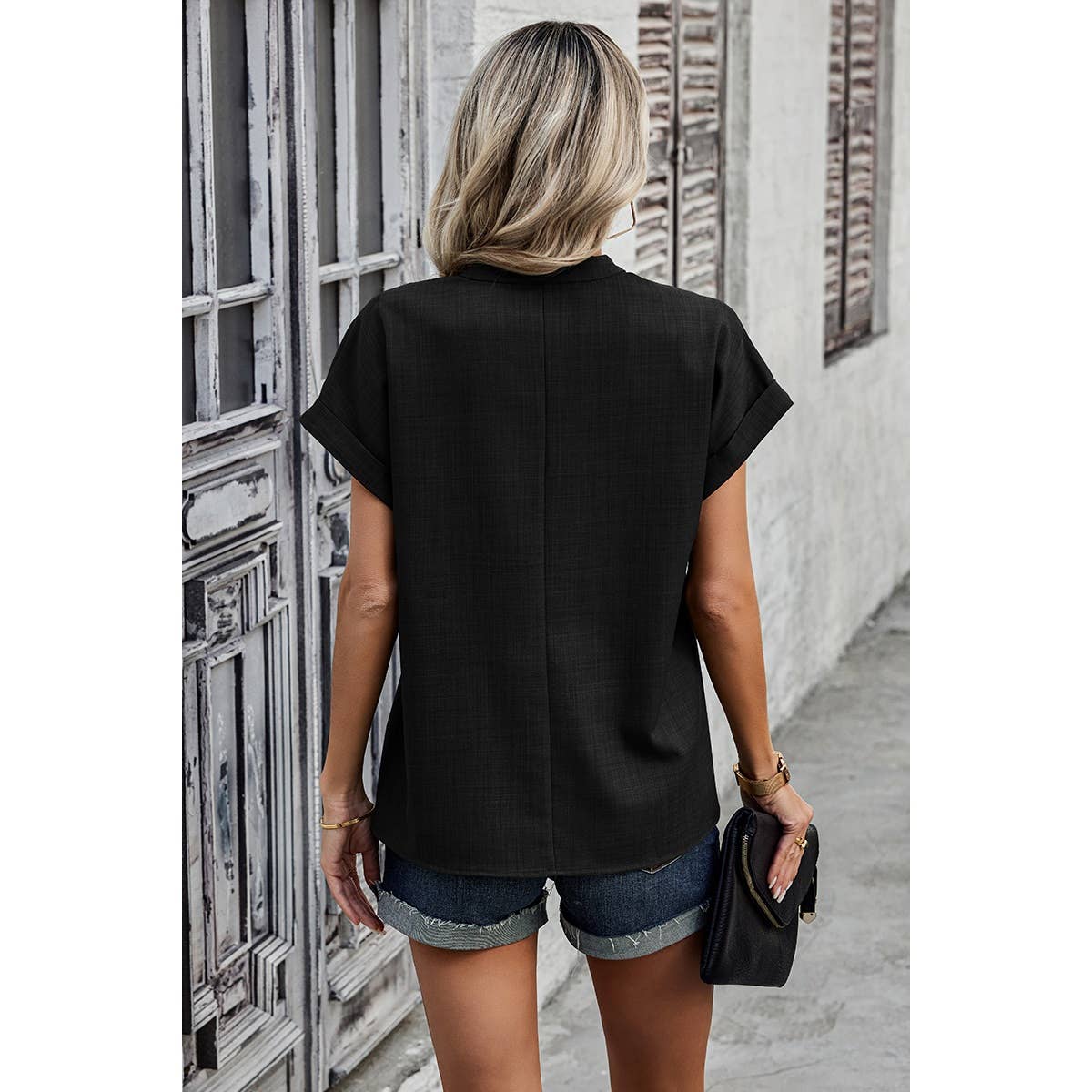 V Neck Solid Short Bat Sleeve Loose Fit Blouse