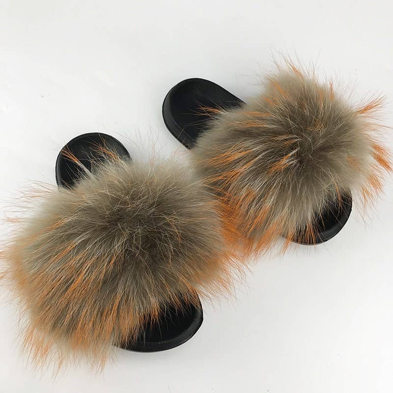 Women Long Raccoon Fur Slides With Color Hair Tip Real Fur