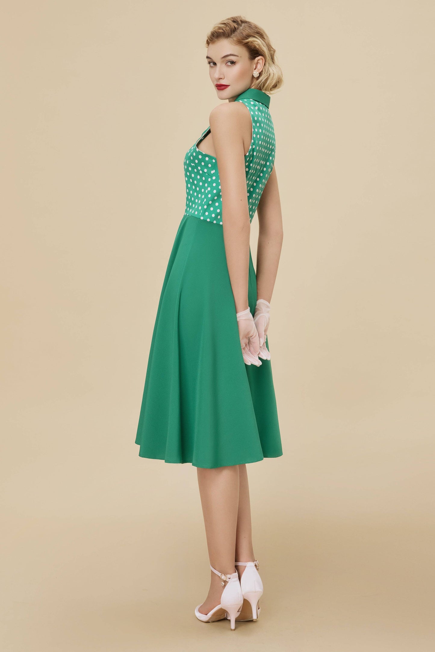 Polka Dot Bodice Sleeveless Retro Swing Dress