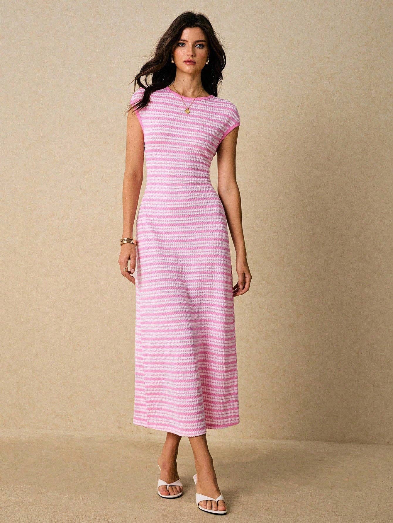 Colorblock Striped Knit Short Sleeve Bodycon Maxi Dress