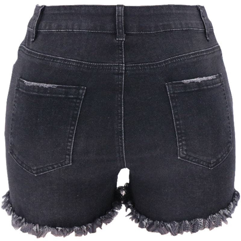High-Waisted Ripped Stretch Denim Shorts for Summer: Dark Blue / 73%Cotton/14%Rayon/11% Polyester/2%spandex / XXL
