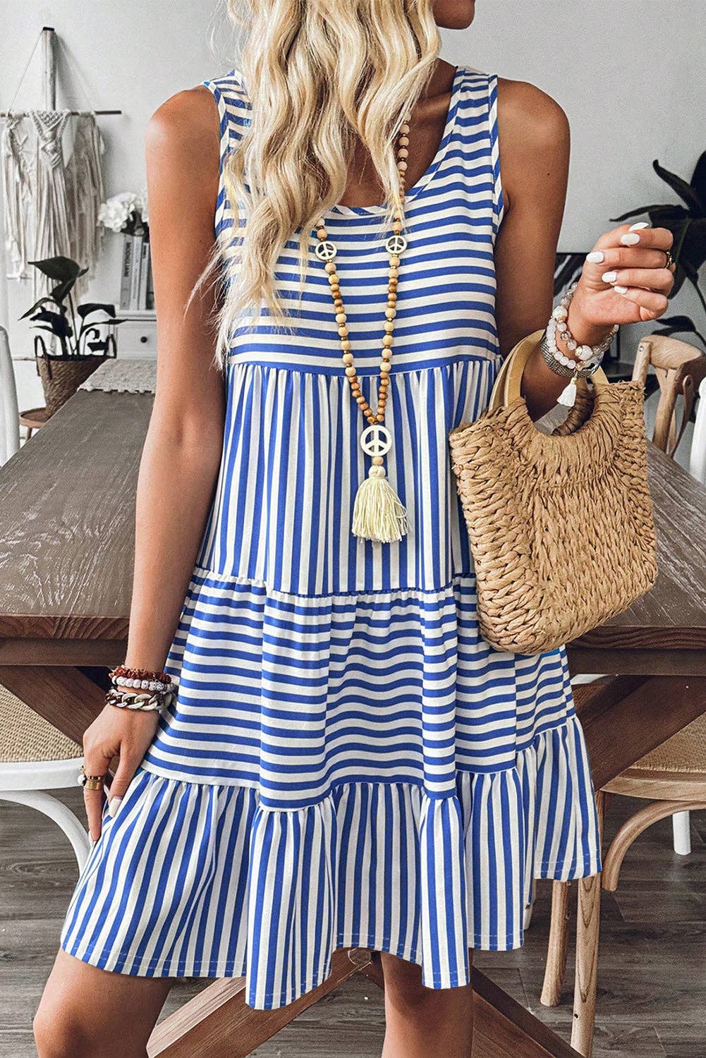 Sky Blue Stripe U Neck Sleeveless Loose Fit Mini Dress: Rose Stripe / 95%Cotton+5%Elastane