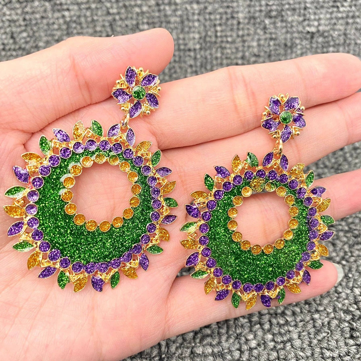 Purple Rhinestone Green Enamel Hollow Flower Post Earrings