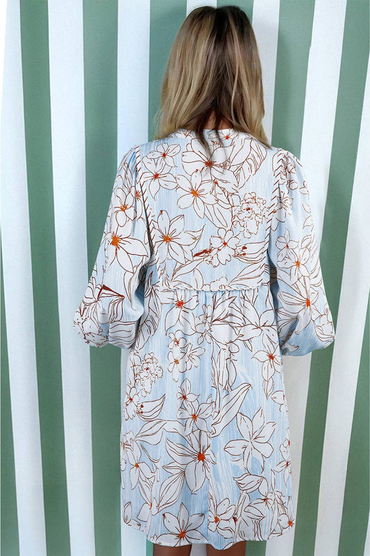 Brown Floral Print Tie Neck 3/4 Sleeve Mini Dress