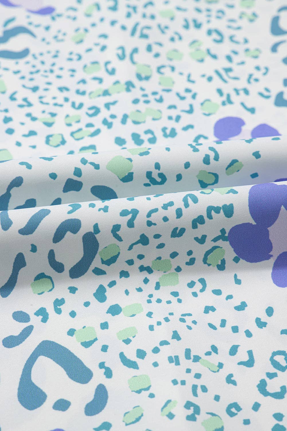 Sky Blue Mixed Leopard Print V Neck Short Sleeve Blouse: Sky Blue / 100%Polyester