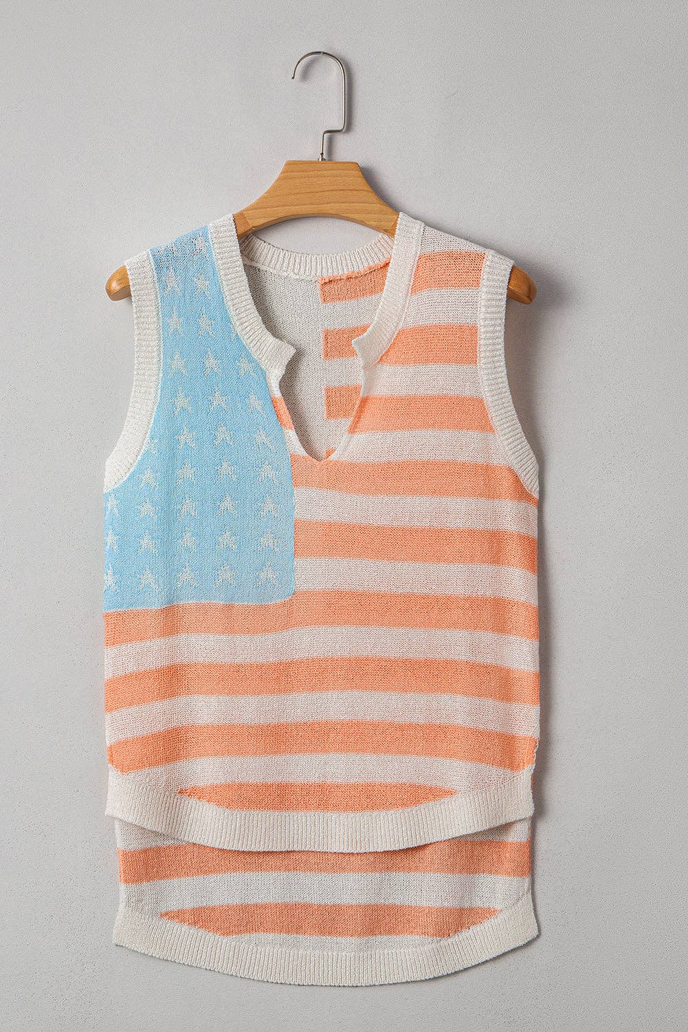 Beige USA Flag Notched Neckline Loose Sweater Vest: Beige / M