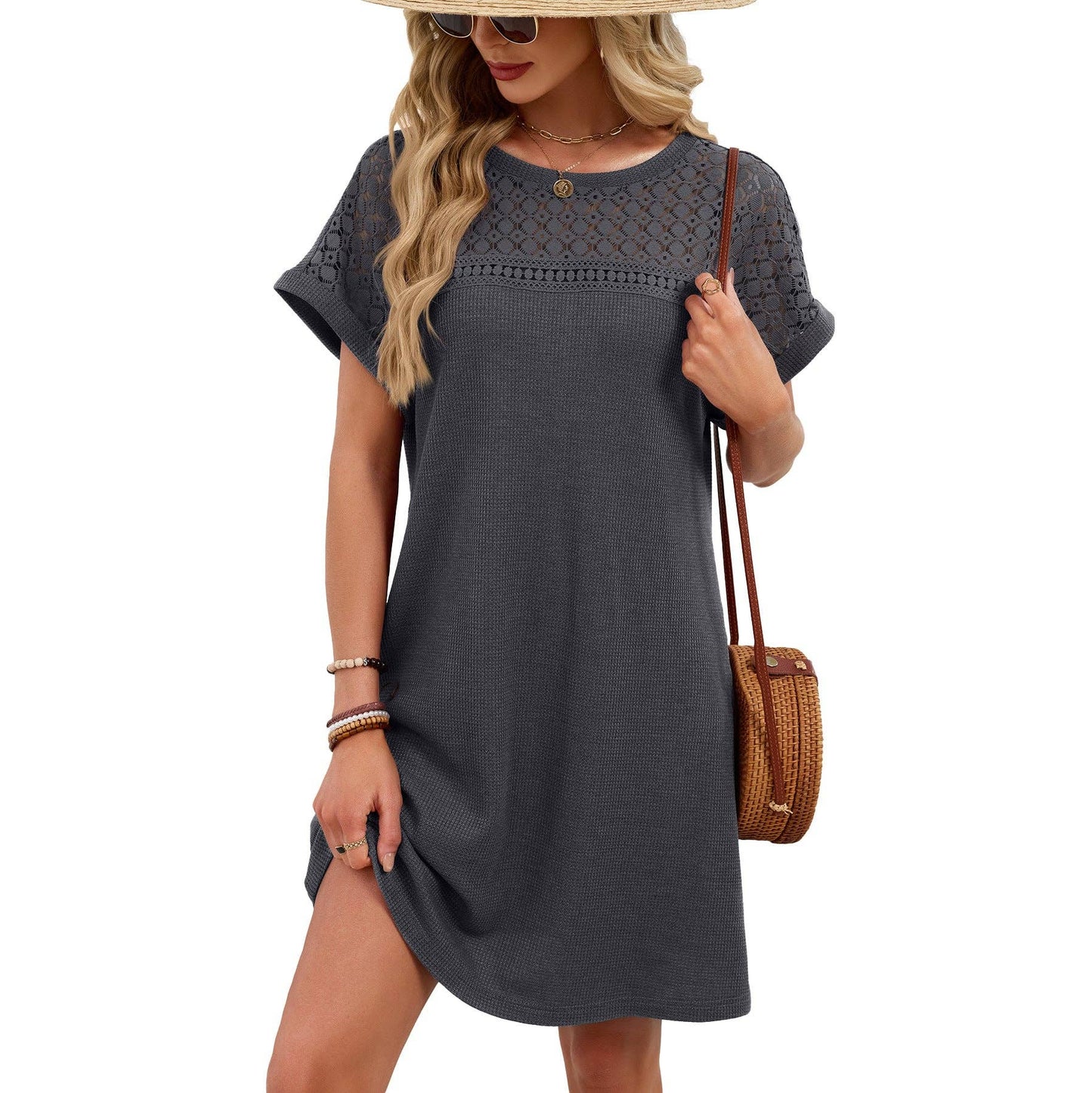 Lace Patchwork Casual Short Sleeve Loose Summer Dress: Blue Gray / 65%Rayon 30%Polyester 5%Spandex