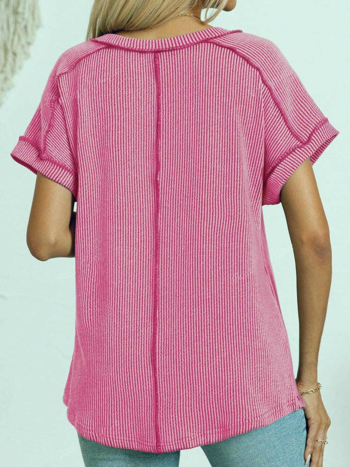 Two Tone Ribbed V Neck Short Sleeve Loose Knit Top