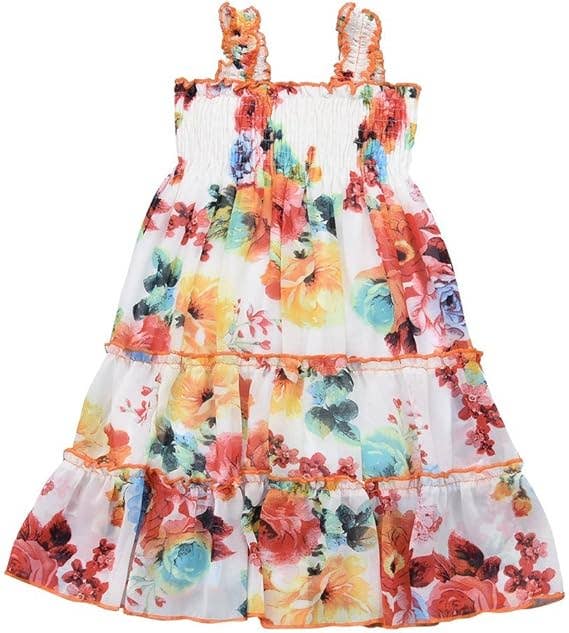 Girls Floral Print Chiffon Shoulder Strap Ruffled Midi-Dress: 3783-15-38 / 6