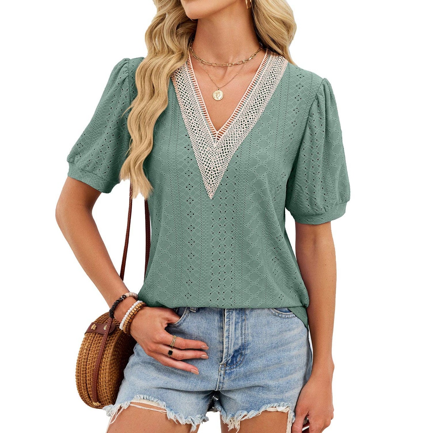 Women’s Puff Sleeve Crochet Lace Trim V-Neck Top – Loose Fit Summer Blouse
