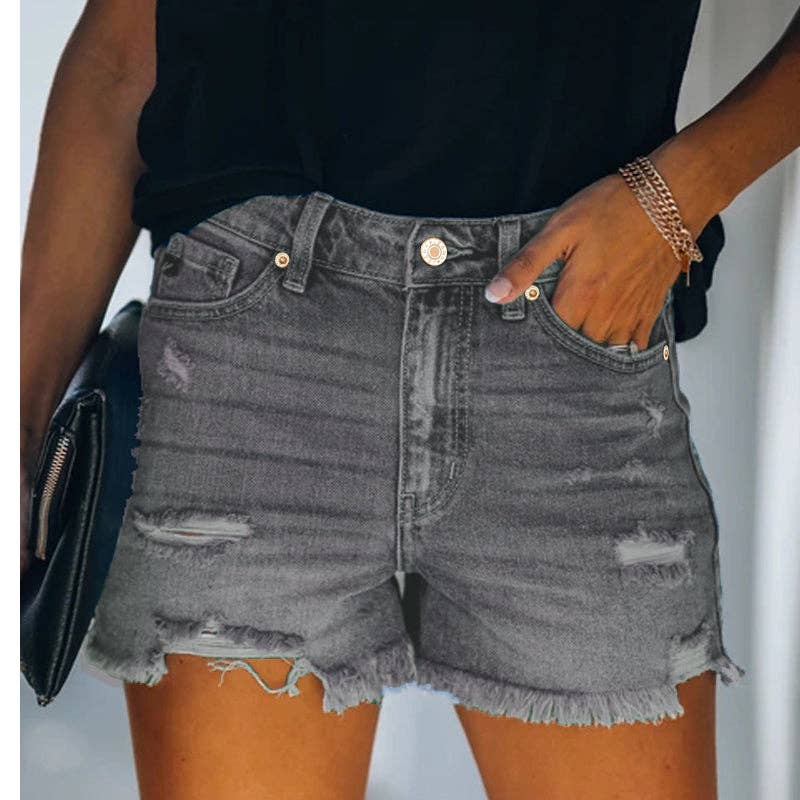 High-Waisted Ripped Stretch Denim Shorts for Summer: Dark Blue / 73%Cotton/14%Rayon/11% Polyester/2%spandex / XXL