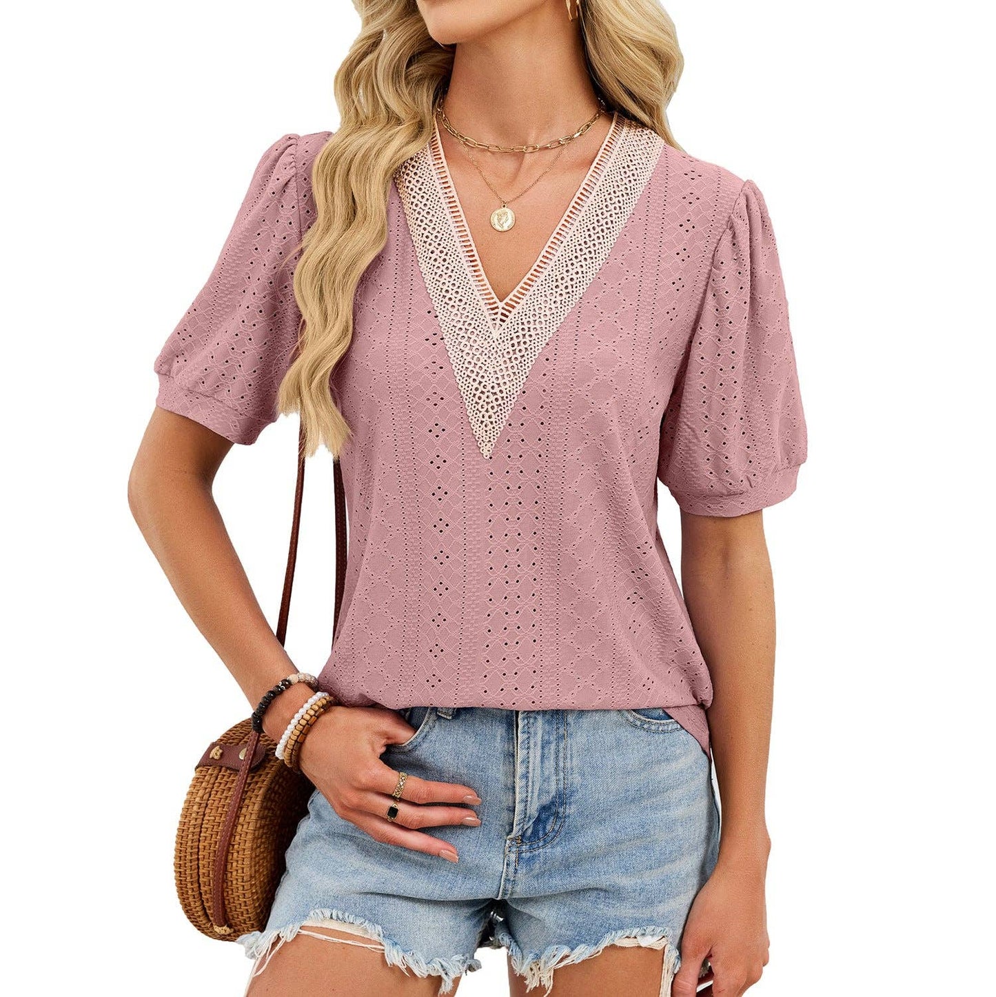 Women’s Puff Sleeve Crochet Lace Trim V-Neck Top – Loose Fit Summer Blouse