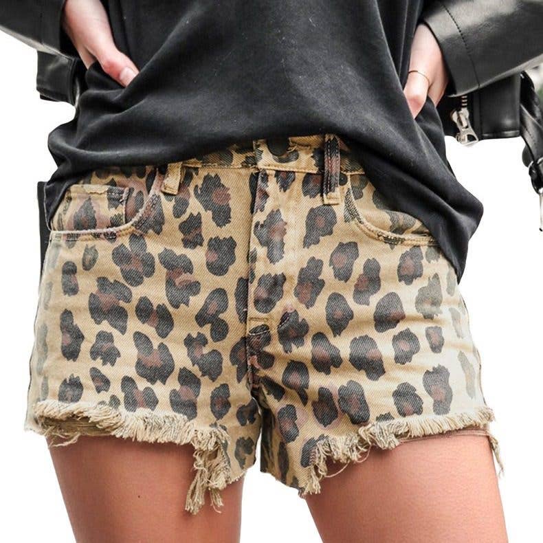 Vintage Leopard Print Ripped High Waist Denim Shorts