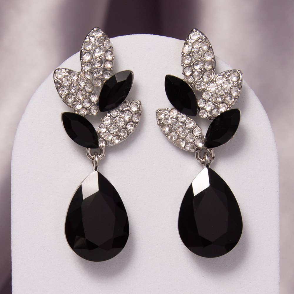 2-Tier Crystal Rhinestone Leaf Accent Dangle Earrings