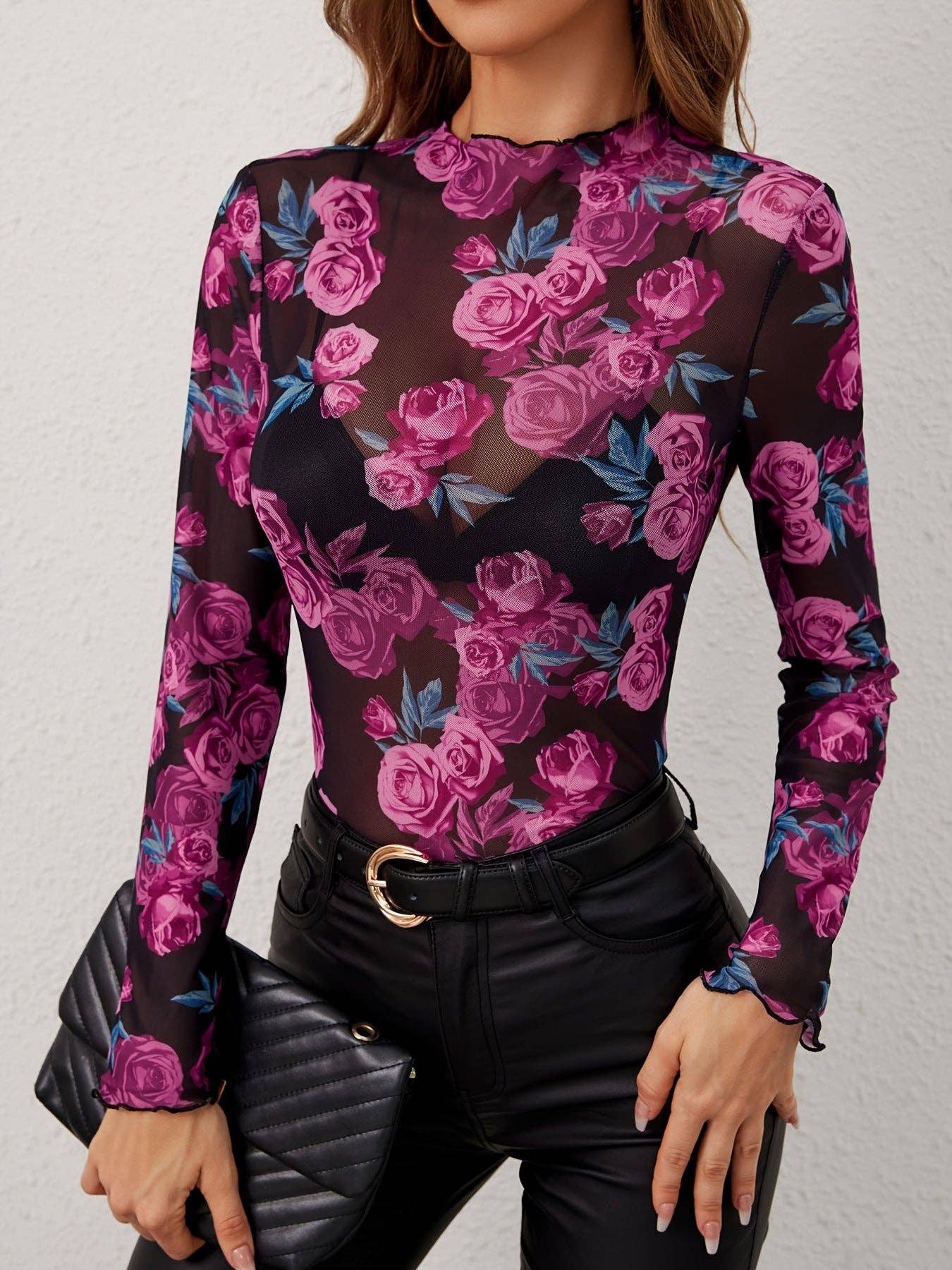 Elegant Floral Printed Sheer Blouse with Ruffle Collar