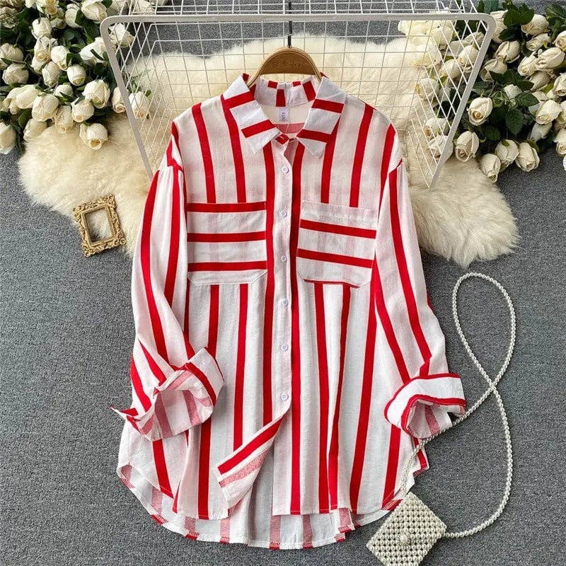 Casual Loose Blouse with Striped Lapel and Contrast Color Detail