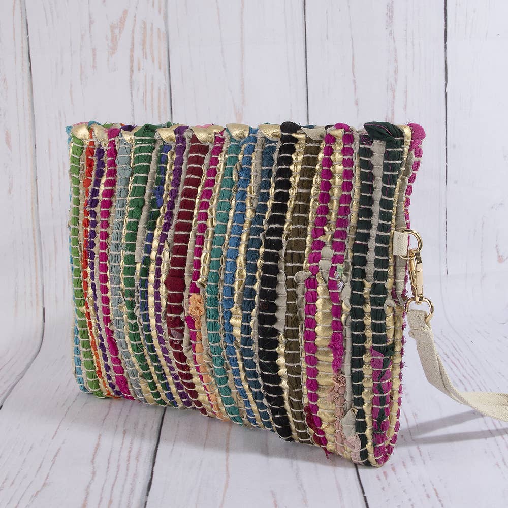 Woven Metallic Stripe Wristlet Clutch Bag
