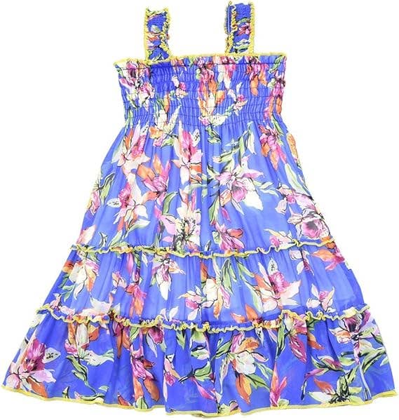 Girls Floral Print Chiffon Shoulder Strap Ruffled Midi-Dress: 3783-15-11 / 7-8T