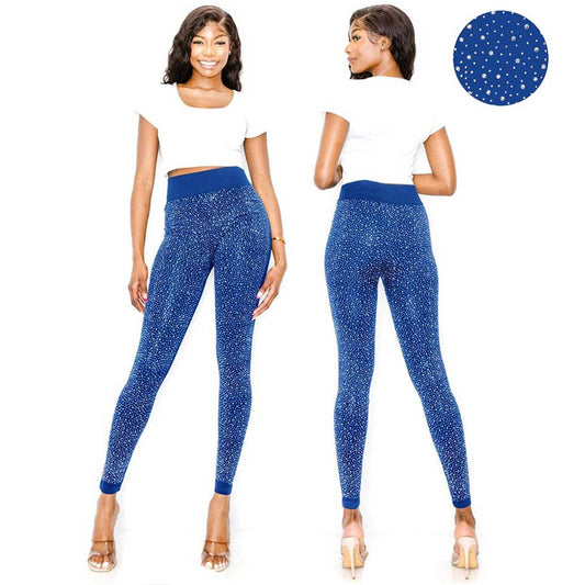 Dazzling Big Chip Rhinestone Leggings Both Size Royal Blue