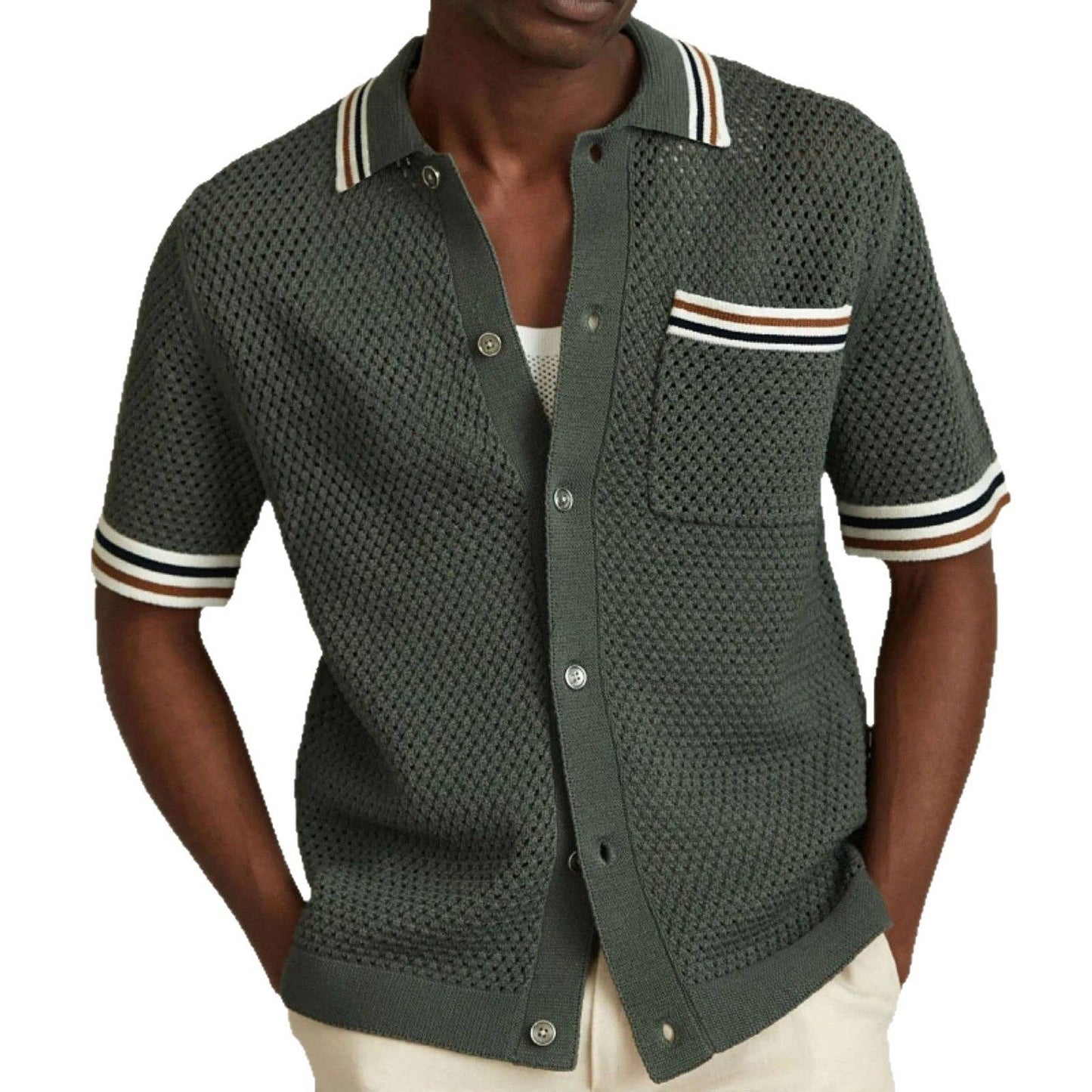 Men's Knitted Cardigan Summer Stripe Polo Shirt